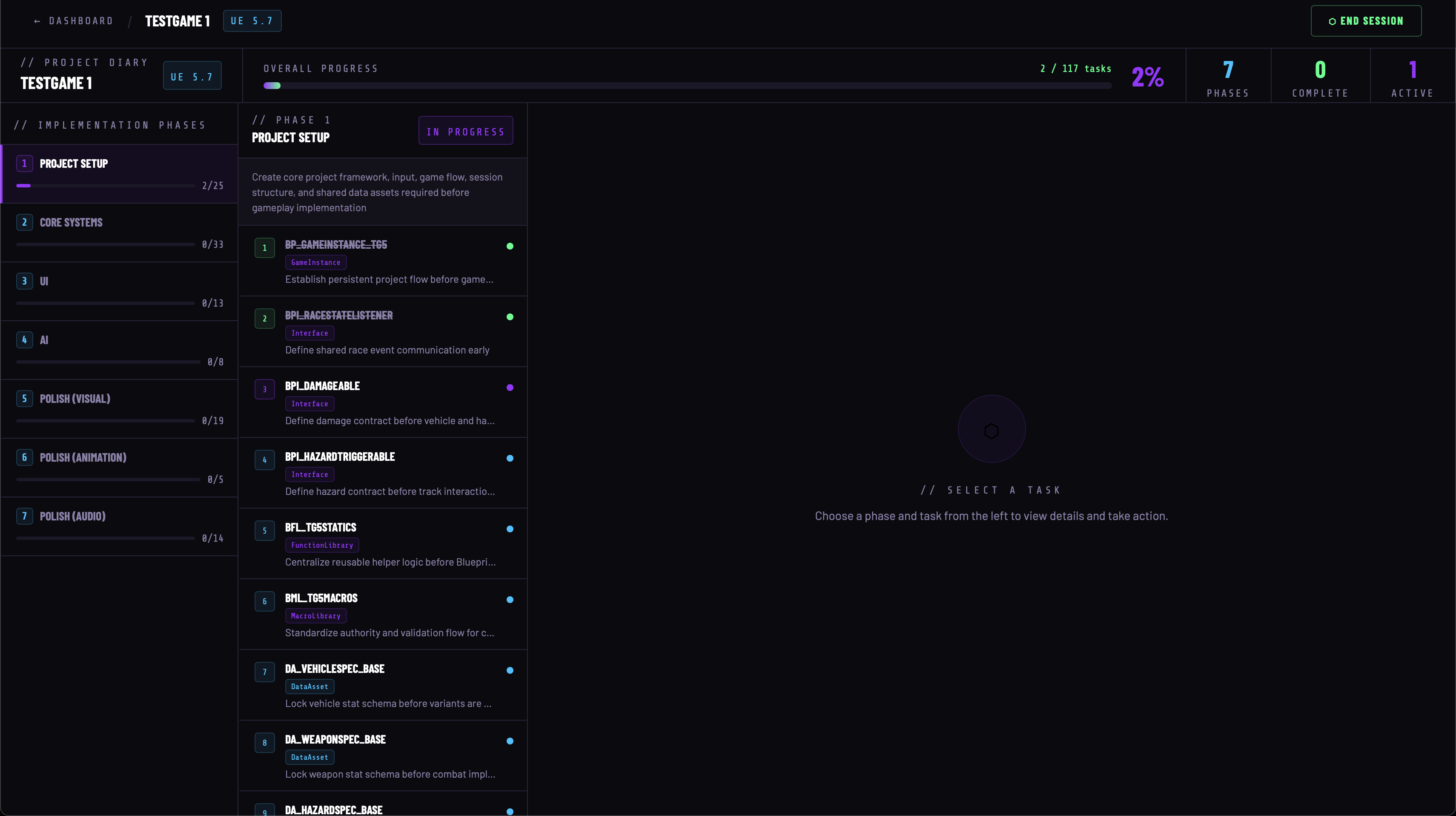 LogicSmith Dev Diary — showing project phases, tasks, and Blueprint structure